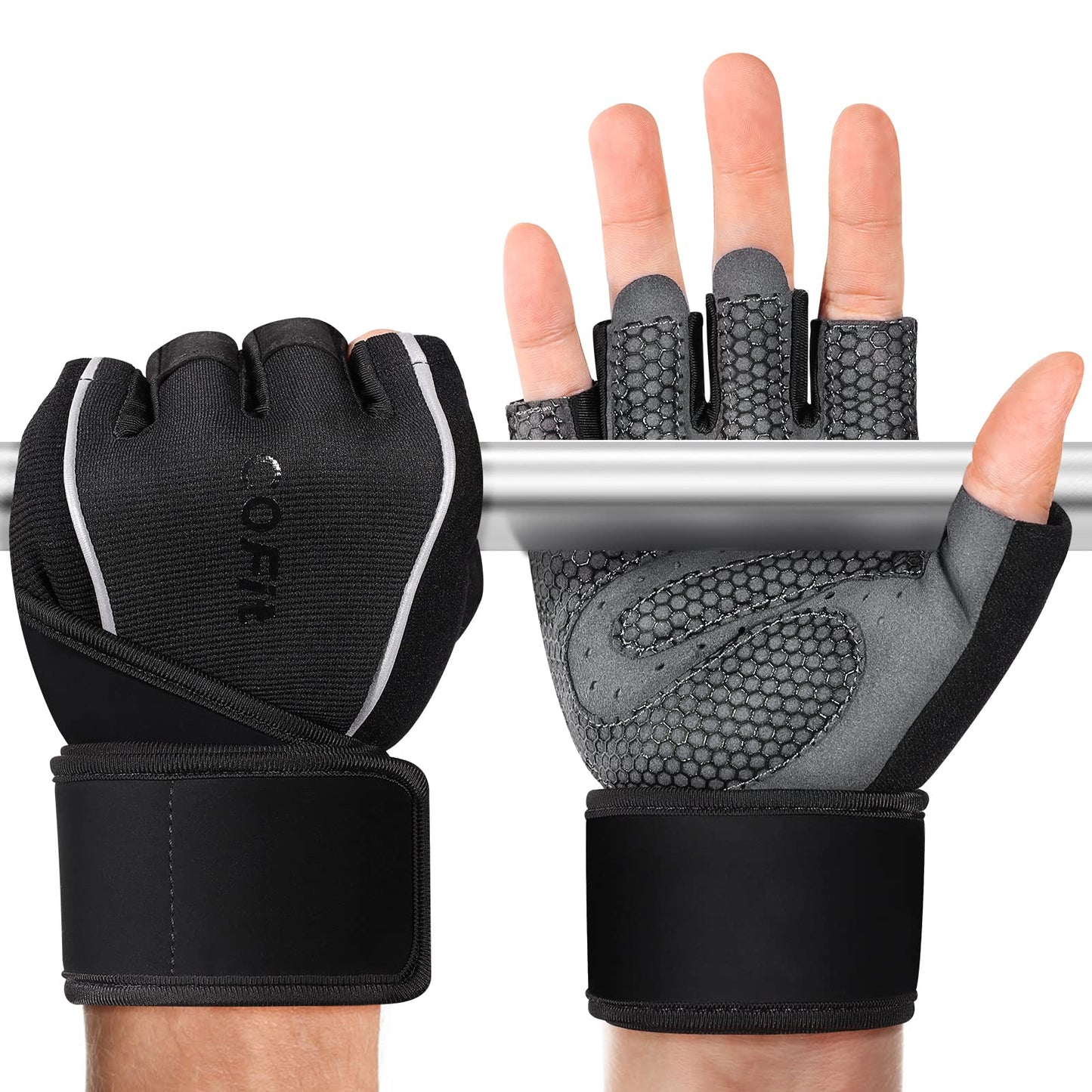 COFIT Gym Workout Gloves with Wrist Wrap Support for Men & Women, Anti-Slip Fitness Gloves Provide Full Palm Protection for Weightlifting, Training, Excercise, Hanging, Pull ups, Dumbbell - Black L