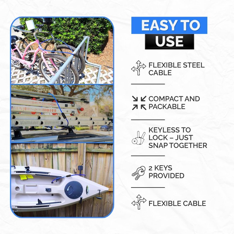 DocksLocks Weatherproof Security Cable Lock with Keys (5ft to 25ft Lengths) Anti-Theft for Kayak, Bike, Paddleboard, Scooter, Equipment, Bicycle 5ft