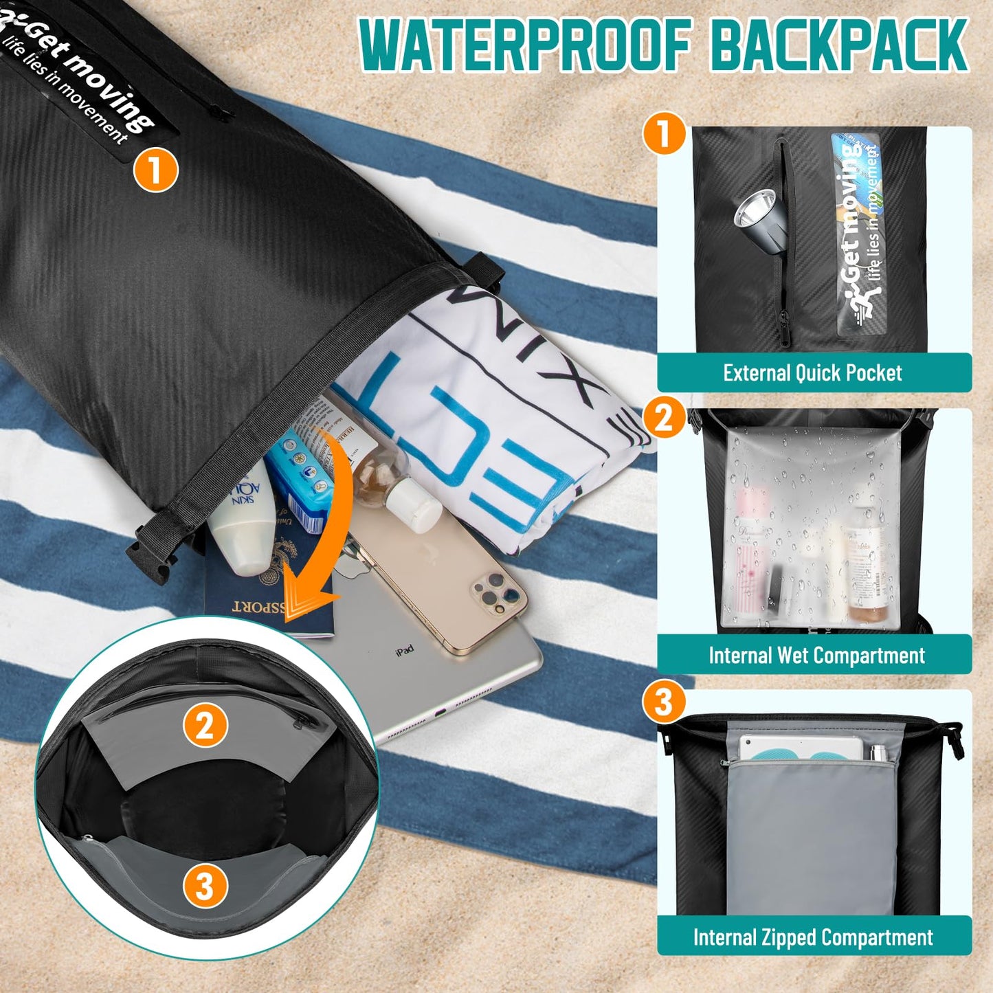 BKNOOU Dry Bag Waterproof for Kayaking, Roll Top Backpack for Women Men