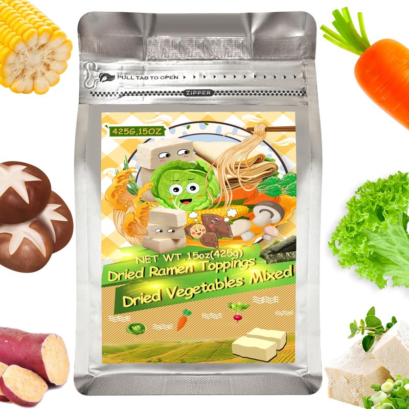 15oz Dehydrated Ramen Toppings Mix with Freeze-Dried Tofu – 9 Dried Veggies Including Seaweed, Cabbage, Corn – High Protein, Low Calorie, All-Natural Ramen Mix – Emergency Food & Camping Meal