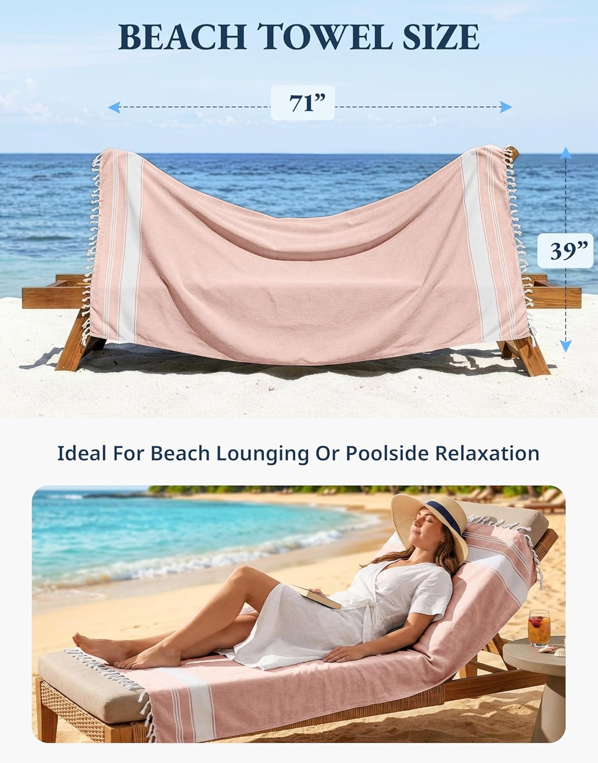 LANE LINEN Oversized Beach Towels 4 Pack - Quick Dry, No Sand, Extra Large 39"x71" - Quartz Pink