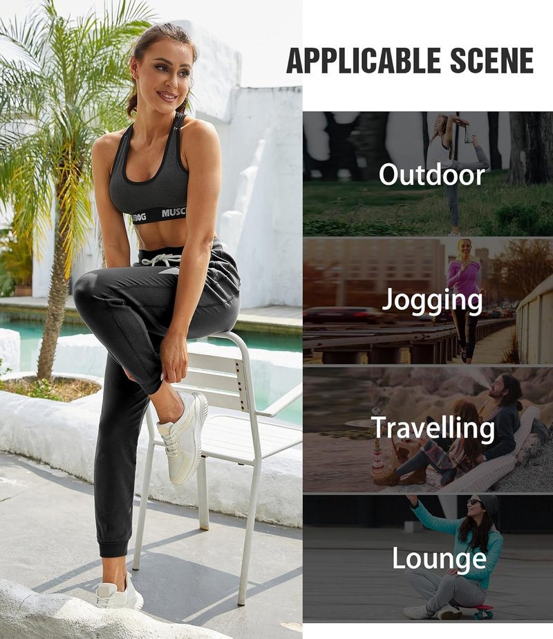 PULI Women's Cotton Jogger Sweatpants - Ribbed Lounge Pants with Zipper Pocket