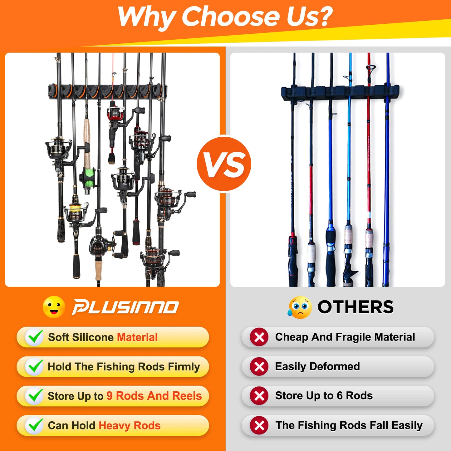 PLUSINNO V9 Vertical Fishing Rod Holders, 2 Packs Wall Mounted Fishing Pole Holders, Fishing Rod Racks Hold Up to 18 Rods or Combos, Fishing Pole Holders for Garage, Fishing Gear and Gifts for Men