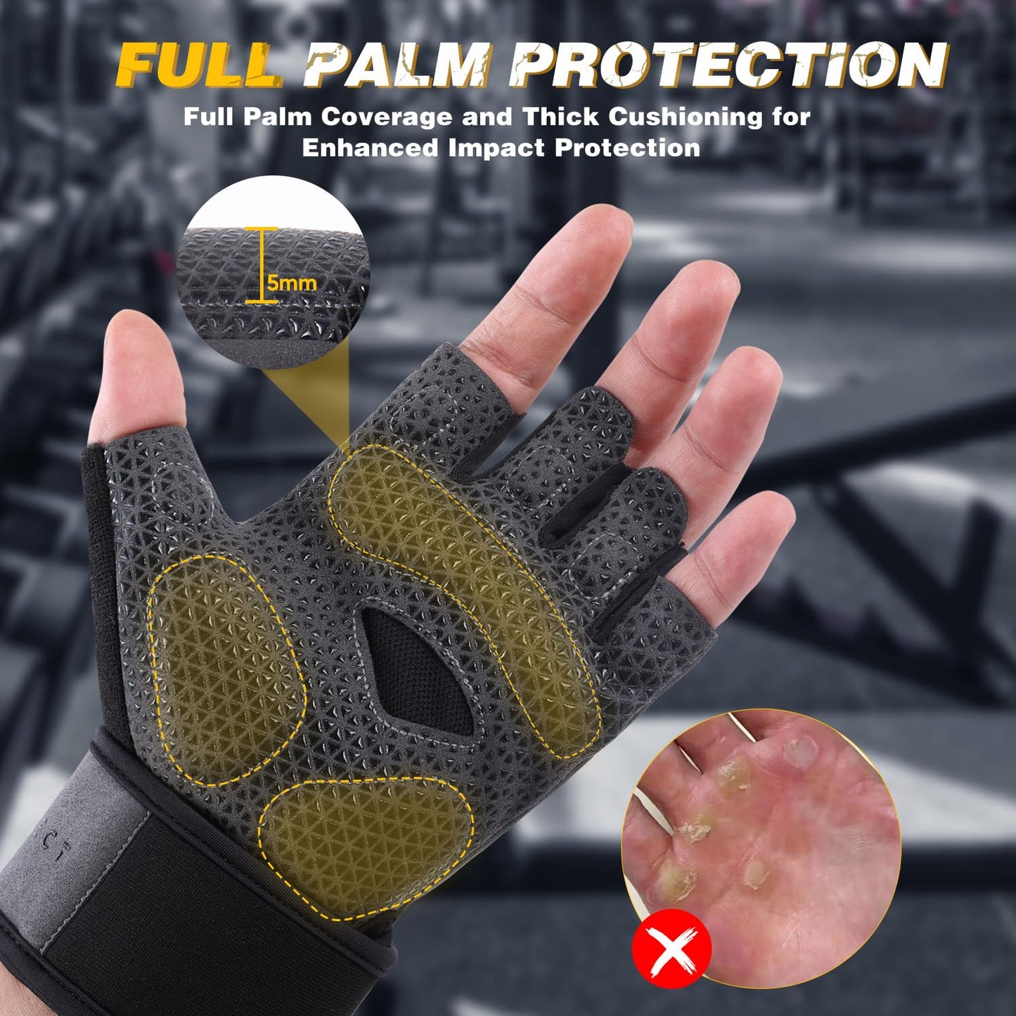 LIFECT Padded Weight Lifting Workout Gloves with Wrist Wrap Support for Men & Women, Full Palm Protection Extra Grips Gym Gloves for Weightlifting, Training, Exercise, Fitness, Pull ups