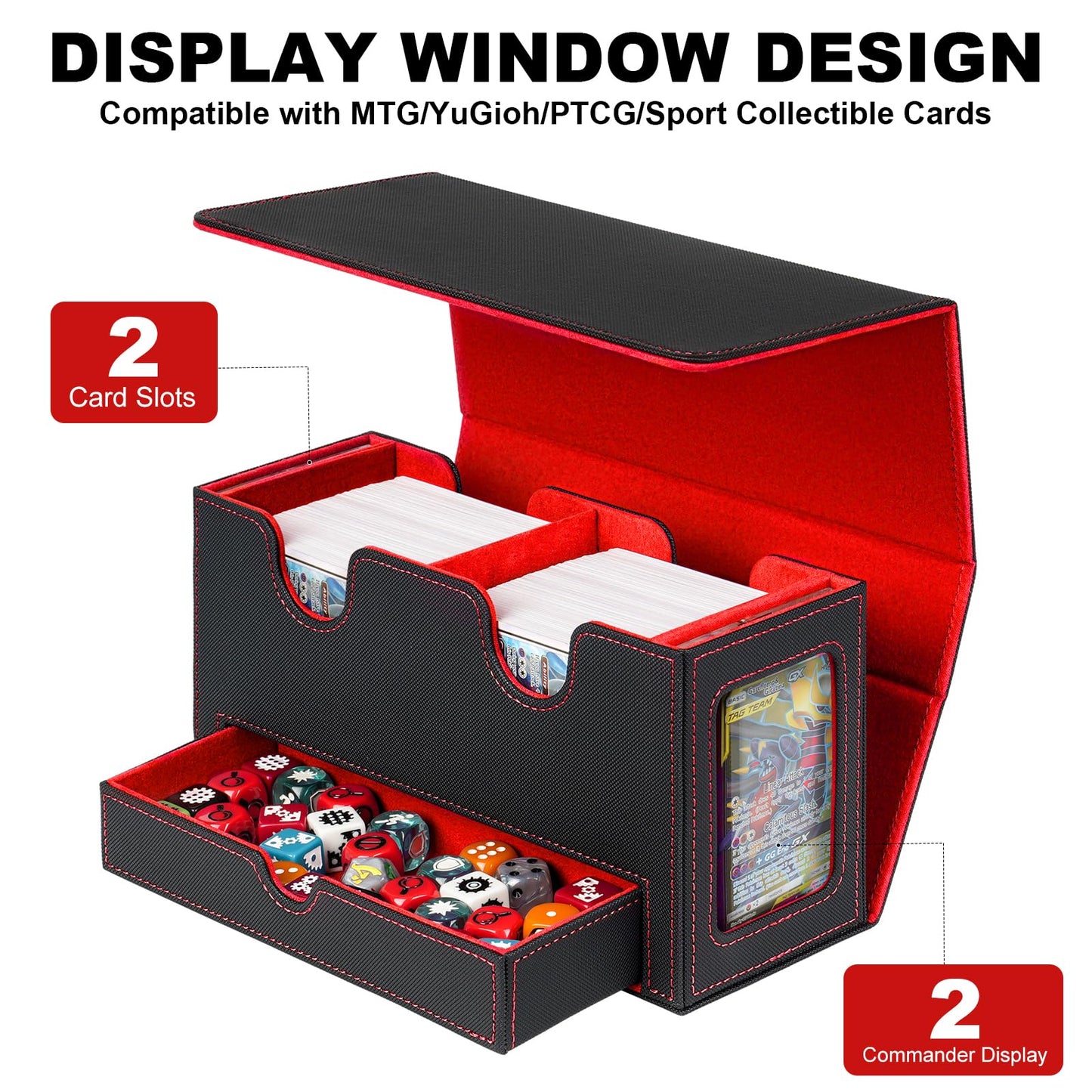 Jaffzora Card Deck Box for MTG Commander, Deck Display Case Holds 200+ Double-Sleeved Cards, 35pt Card Brick & Dice Tray, Storage Box For TCG CCG Sports, Black&Red