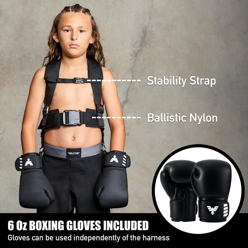 Elite Sports Kids Boxing Harness with 6oz Gloves – Adjustable Resistance Bands (3 Levels), Stability Strap, Padded Shoulder & Back, Ballistic Nylon, Quick-Release Buckle – Youth Training Gear