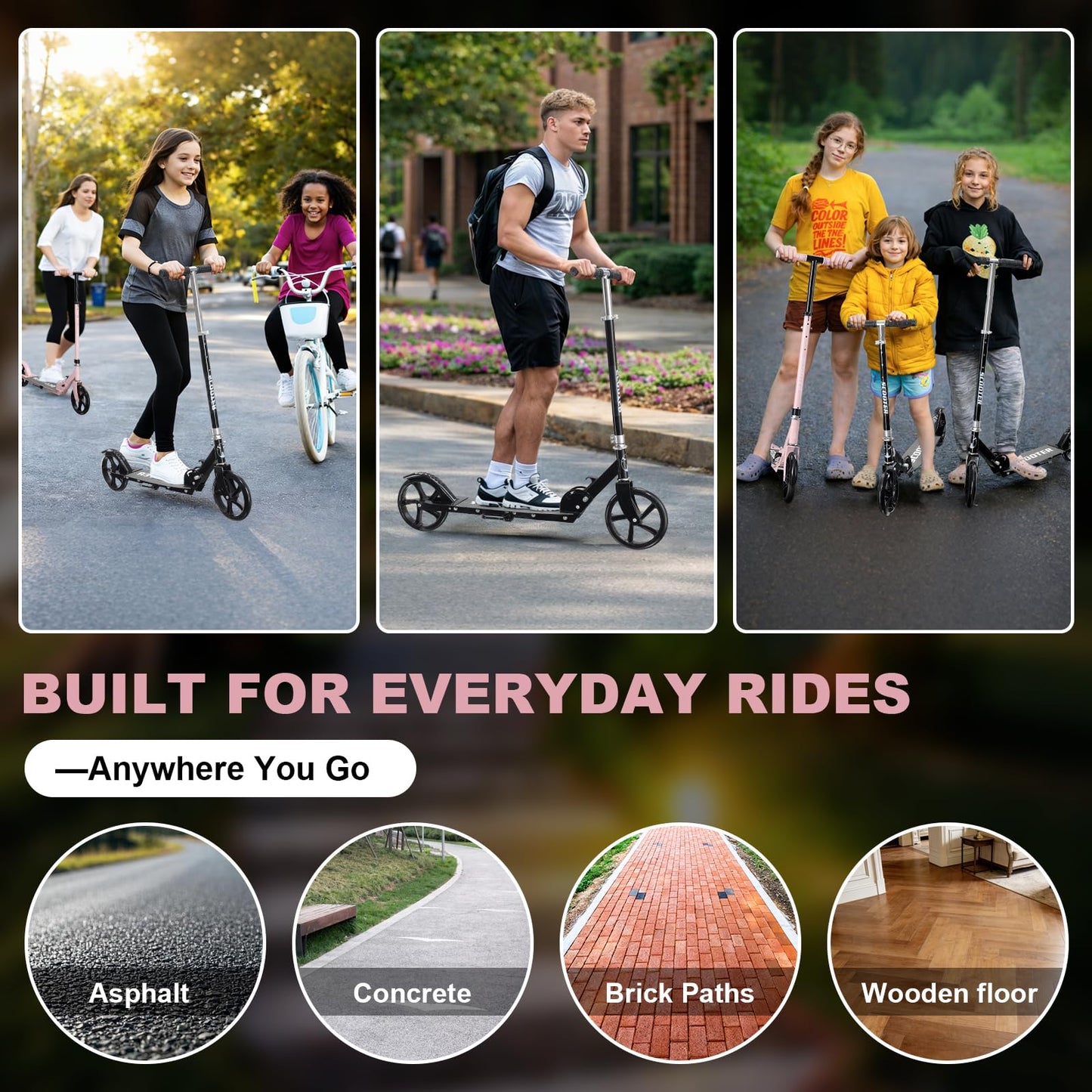 Kick Scooter Scooters for Kids Teens Adults - Heavy Duty Folding Scooters,Non-Slip Large Deck,Portable for Travel,Adjustable for 5-8 8-12 6+ Year Old Age Boys Girls Up to 300 Lbs - Black