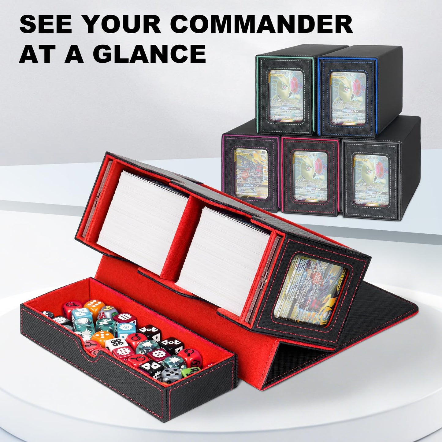 Jaffzora Card Deck Box for MTG Commander, Deck Display Case Holds 200+ Double-Sleeved Cards, 35pt Card Brick & Dice Tray, Storage Box For TCG CCG Sports, Black&Red
