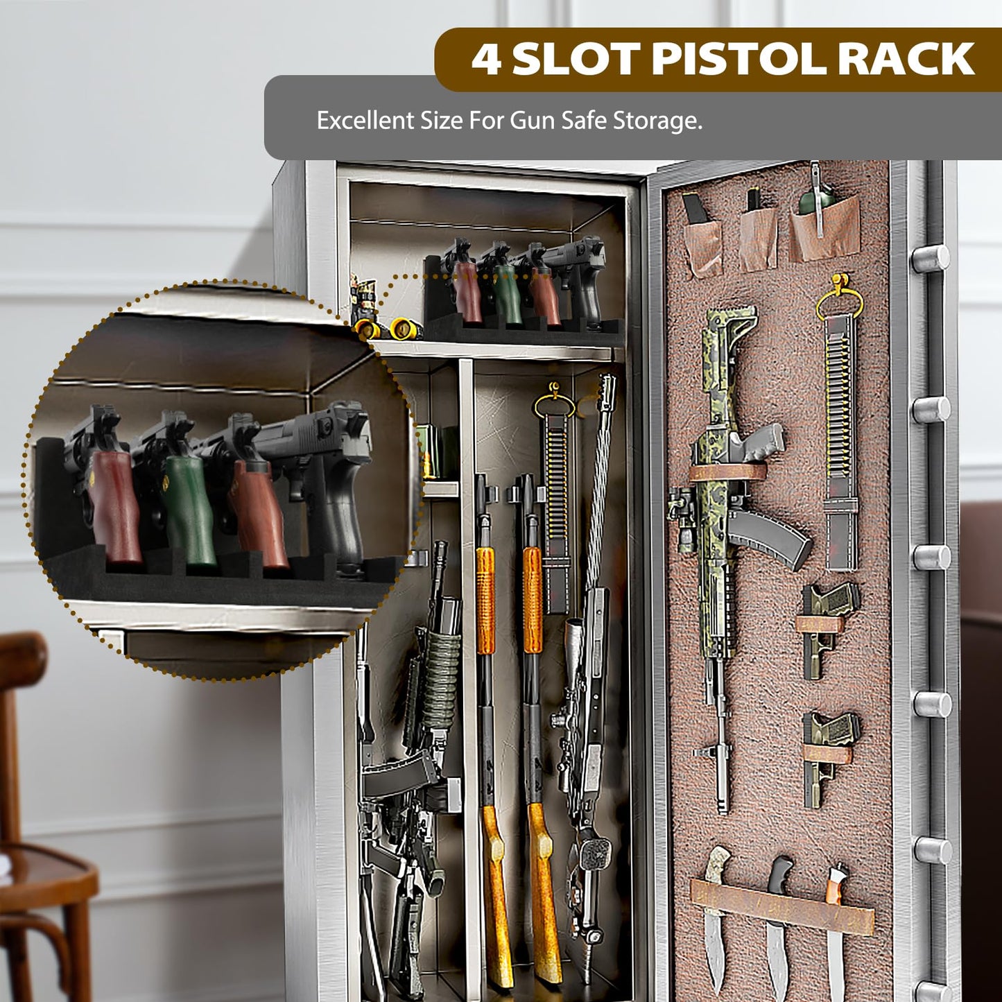 Hunthor 4 Slot Pistol Rack, Easy-to-Install Gun Safe Pistol Holder, Foam Handgun Rack for Gun Safe Organizer, Gun Rack Storage Gun Cabinet Accessories