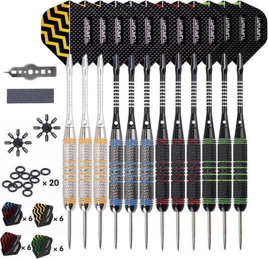 Turnart Steel Tip Darts Set - Professional 12-Piece Metal Darts with 24g Weight & Extra Flights | Durable Aluminum Shafts