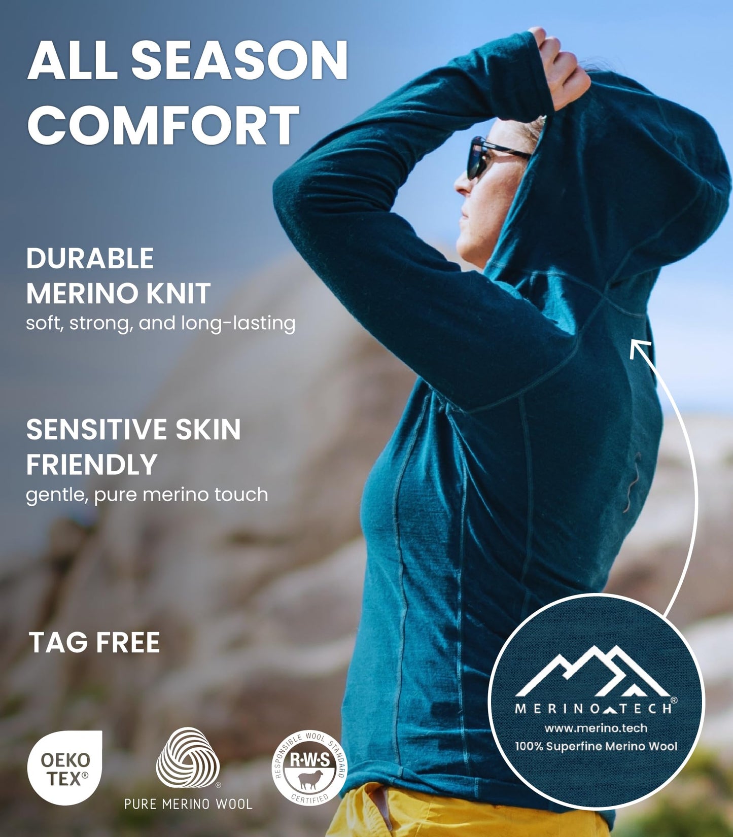 100% Merino Wool Hoodie Women - Slim Fit Quarter Zip Thermal Base Layer (Medium, 190 Deep Teal)