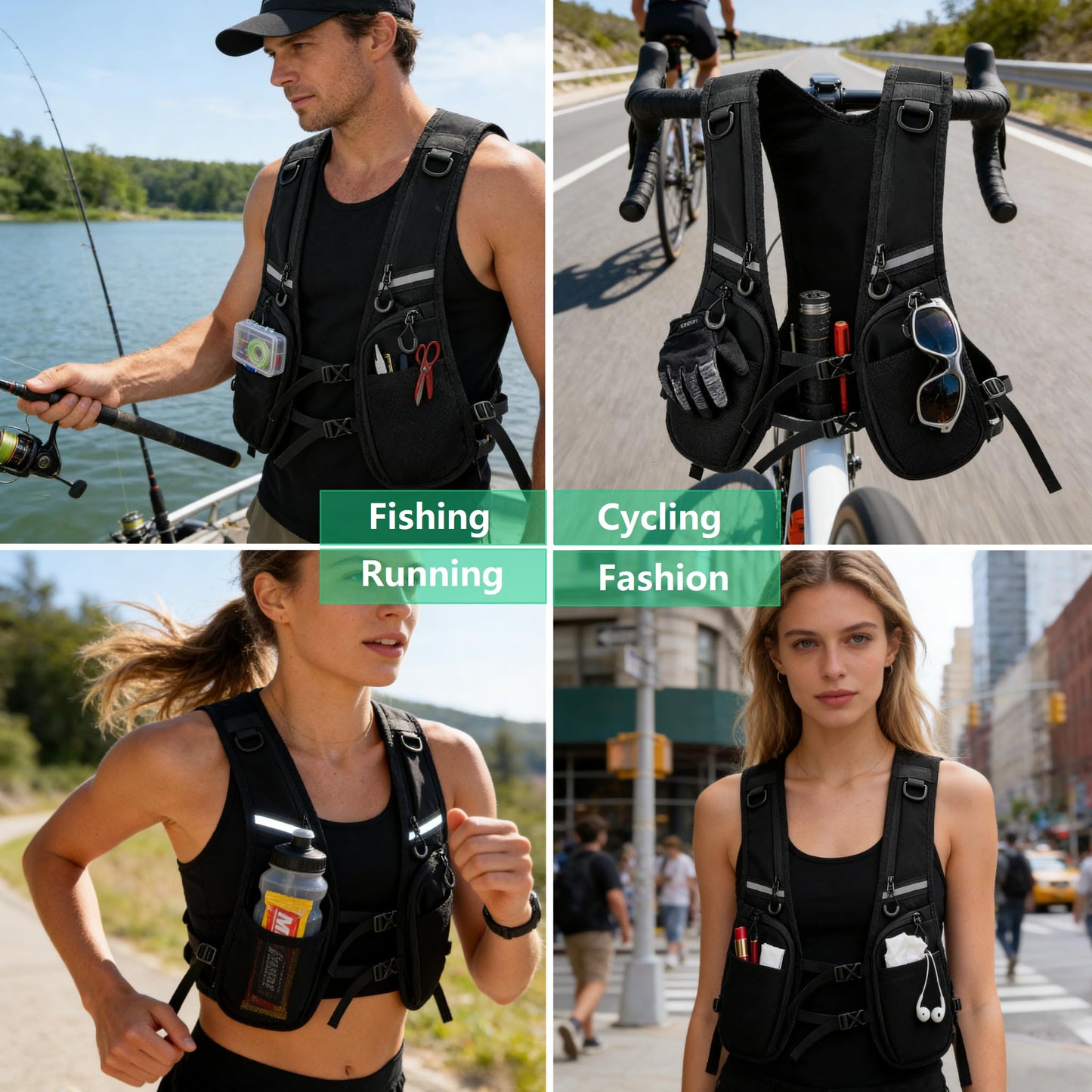 Breathable Reflective Running Vest, Cargo Vest - Men Women Outdoor Pack Multi-Pocket Breathable for Cycling Hiking Rave Running Fishing Black