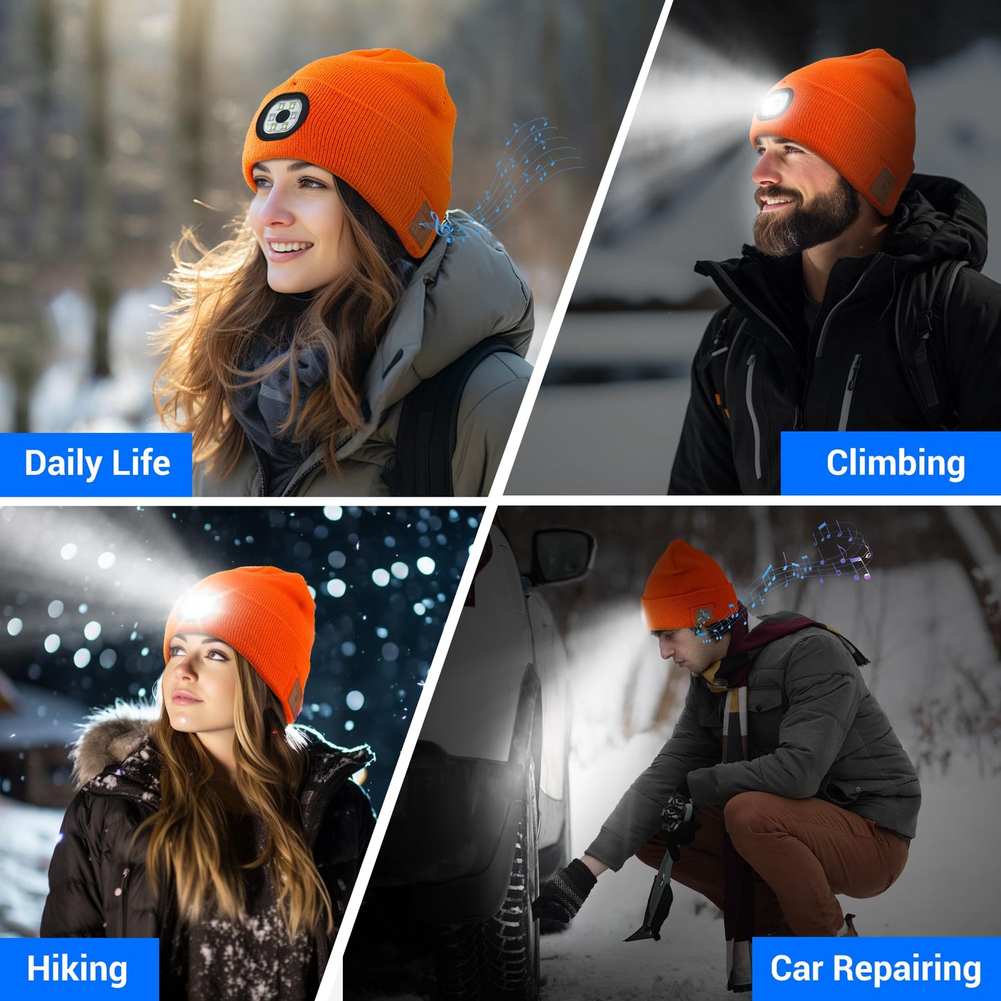 Yontune Bluetooth Hat with Light, Unisex USB Rechargeable 6 LED Headlamp Beanie Cap with Headphones Winter Lighted Beanie for Outdoor Sports Orange