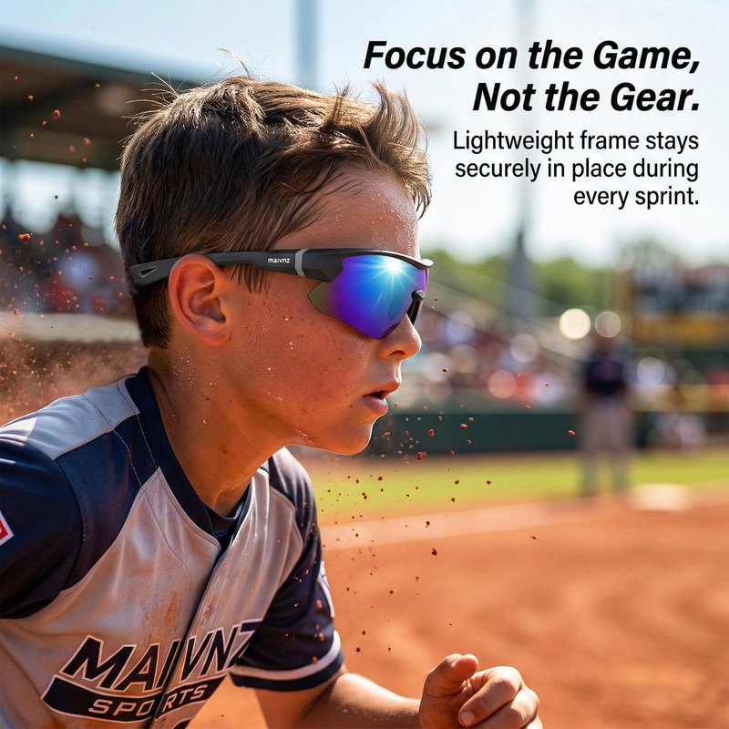 maivnz Youth Baseball Sunglasses for Boys and Girls Ages 6-12, Kids Sports Glasses for Softball Cycling, Helmet Compatible（Black/Blue