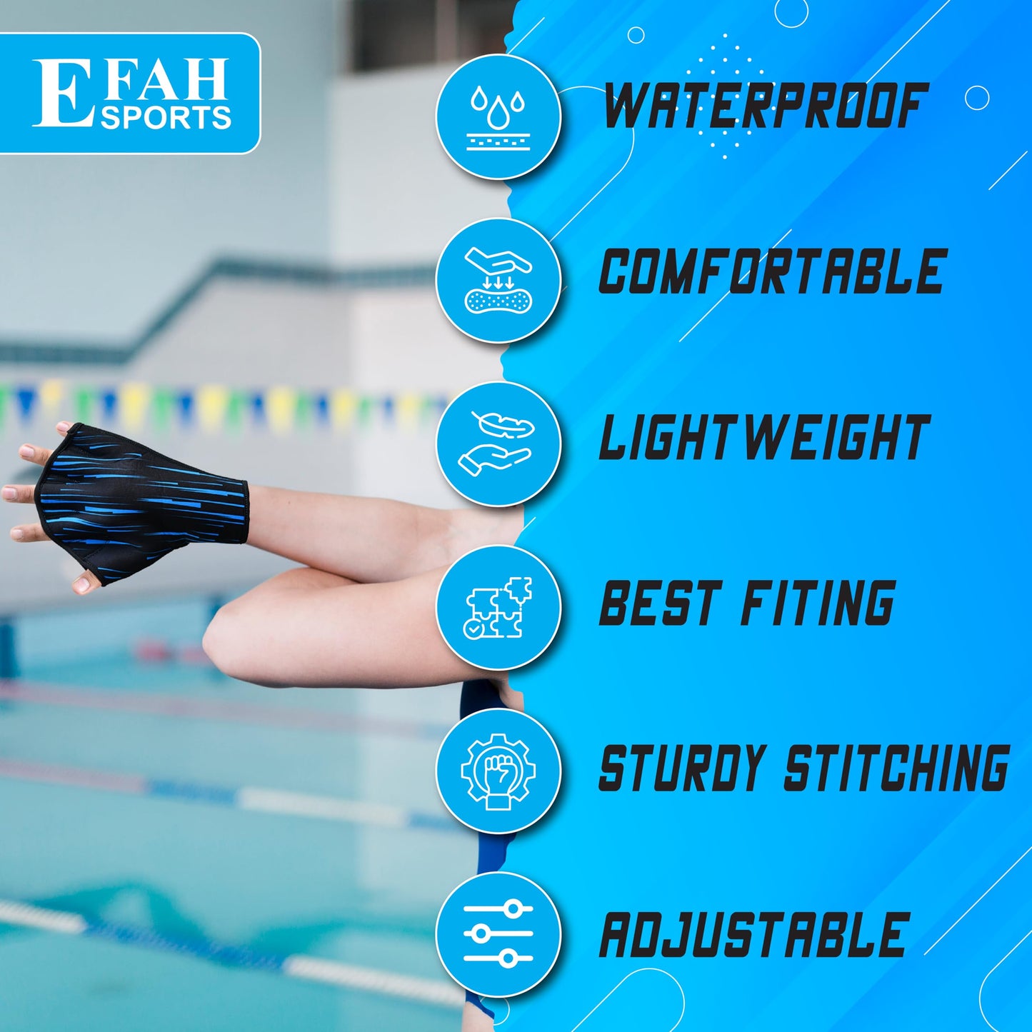 EFAH SPORTS Swimming Gloves Aquatic Swim Training Glove Neoprene Webbed Fitness and Water Aerobics Resistance Gloves for Men Women Children (Blue Large)