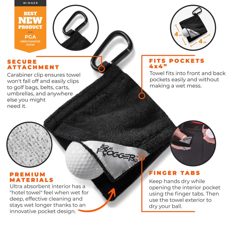 Frogger Amphibian Golf Ball Towel with Wet and Dry Technology Small Golf Ball Towels for Golf Bags with D Clip Golf Ball Accessories