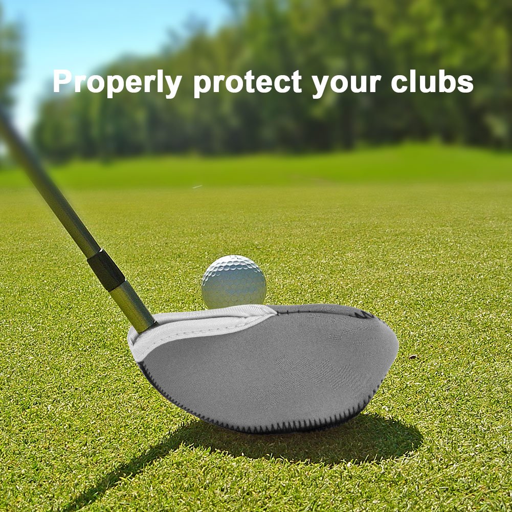 Dilwe Neoprene Iron Cover, 10 Pcs Putter Protector with Zipper Long Neck Design, See Through Window Covers (Gray + Black)