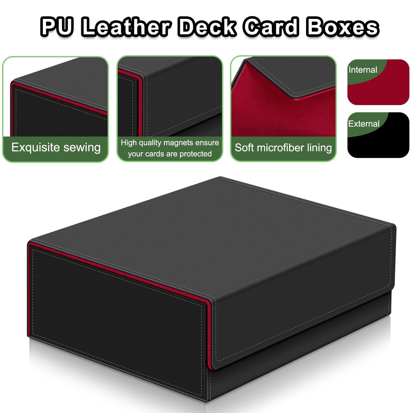 Card Deck Case for Trading Cards,Card Storage Box Holds 1800+ Single Sleeved Cards,PU Leather Magnetic Closure Commander Card Boxes Magic Card Holders Fit for Game Cards and Sport Cards (Black&Red)
