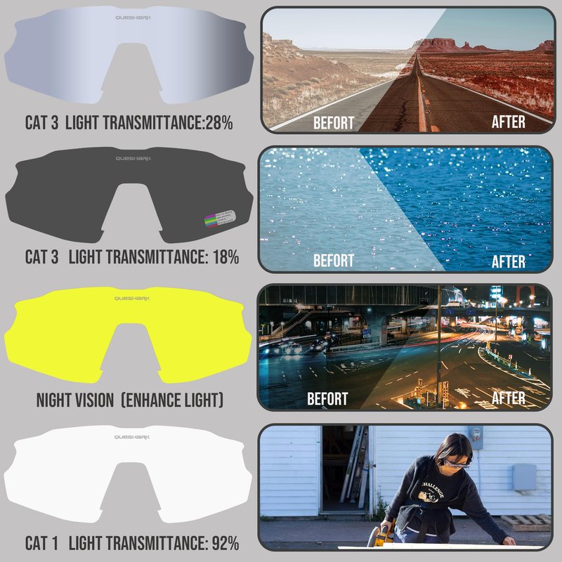 Queshark Polarized Sports Sunglasses, 4 Interchangeable Lenses | UV400 Protection, Cycling Glasses for Mountain Bike Running