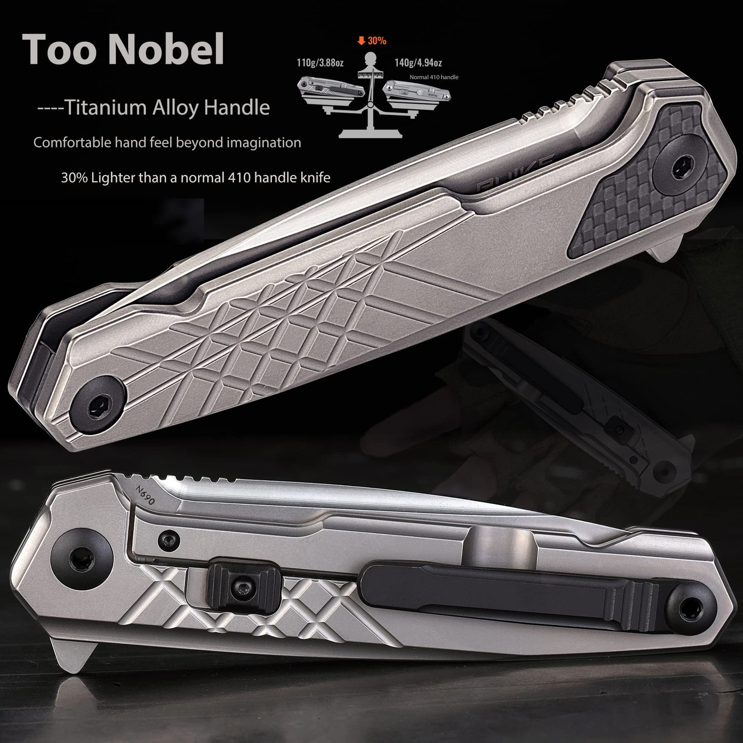 Ruike Tactical Folding Pocket Knife for Men,N690 Stainless Steel Blade,TC4 Titanium Alloy Handle,Frame Lock,Lightweight,Clip Belt Carry,Small Camping Cool Flipper Microtech Elemental Survival Hiking Hunting Outdoor Gadget Gear Tool Father Gifts