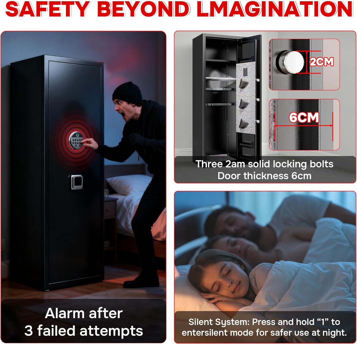 10-12 Gun Safe for Home | Fast Biometric Fingerprint Long Gun Storage - 57" High, Adjustable Shelves, Heavy Duty Black Cabinet