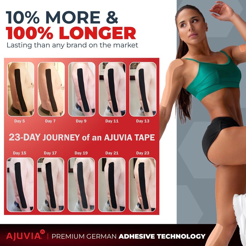 AJUVIA Synthetic Kinesiology Tape, 2 Rolls, 10% Bonus, 40 + 4 Precut Strips, Lasts up to 14 Days, Hypoallergenic and Waterproof K Tape for Muscle Pain Relief and Joint Support