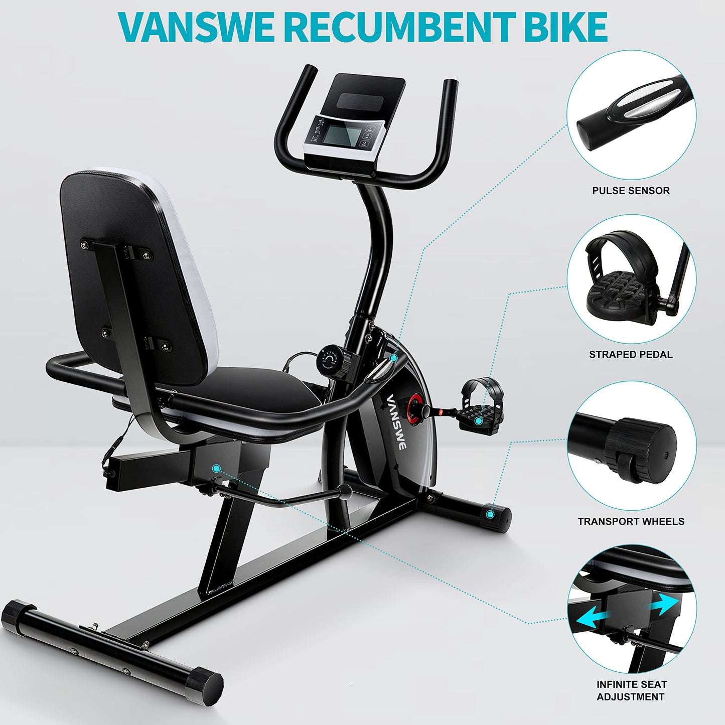 VANSWE Recumbent Exercise Bike for Adults Seniors - For Home Workout with 16 Levels Resistance, 380 lbs Weight Capacity, Bluetooth Connectivity and Pulse Sensor RB661 (Silver)