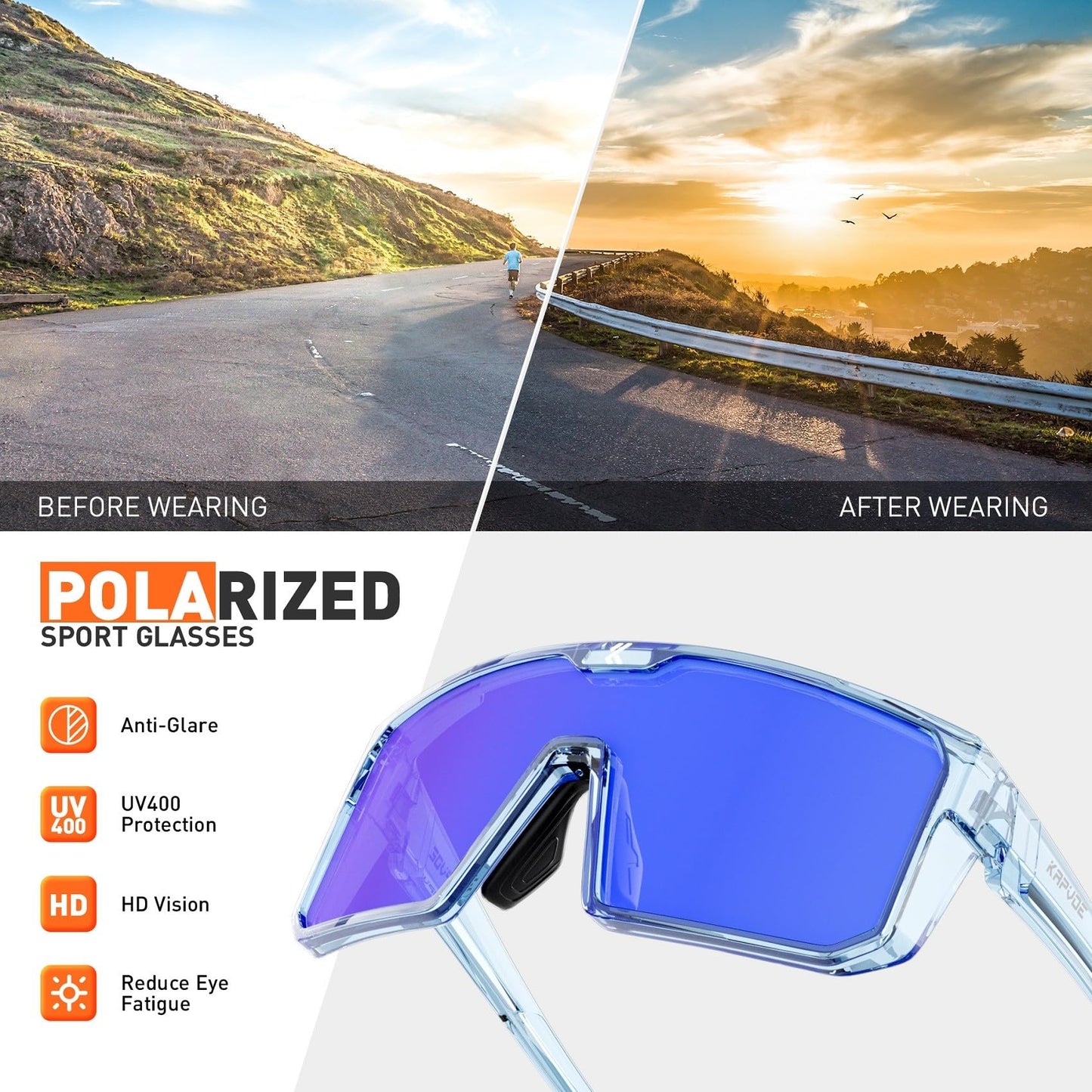 KAPVOE Polarized Cycling Glasses Sports Sunglasses for Men Women, UV400 Protection MTB Bicycle Baseball Mountain Bike K232