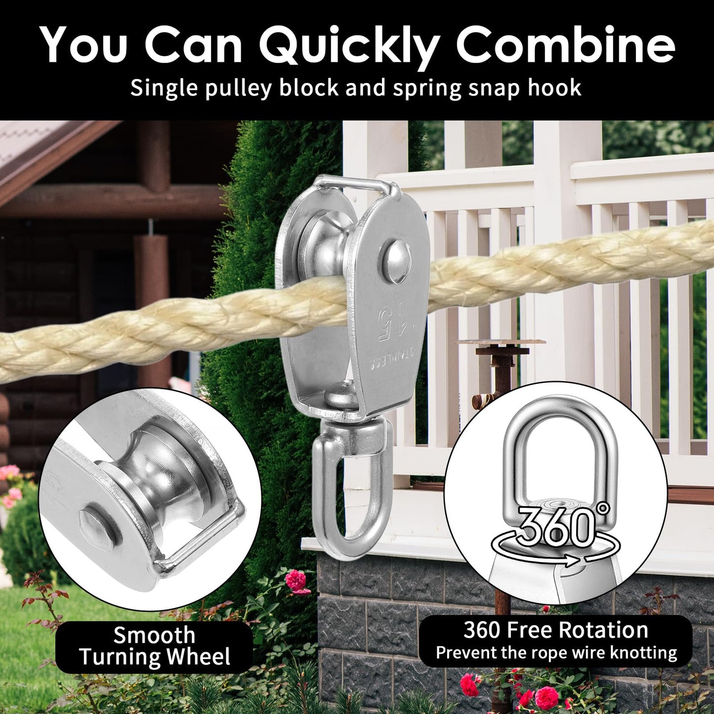 12 Pack M15 Pulleys for Rope, 304 Stainless Steel Wire Rope Cable Pulley, Heavy Duty Swivel Pulley Wheel Hanging Wire Towing Wheel for Lifting