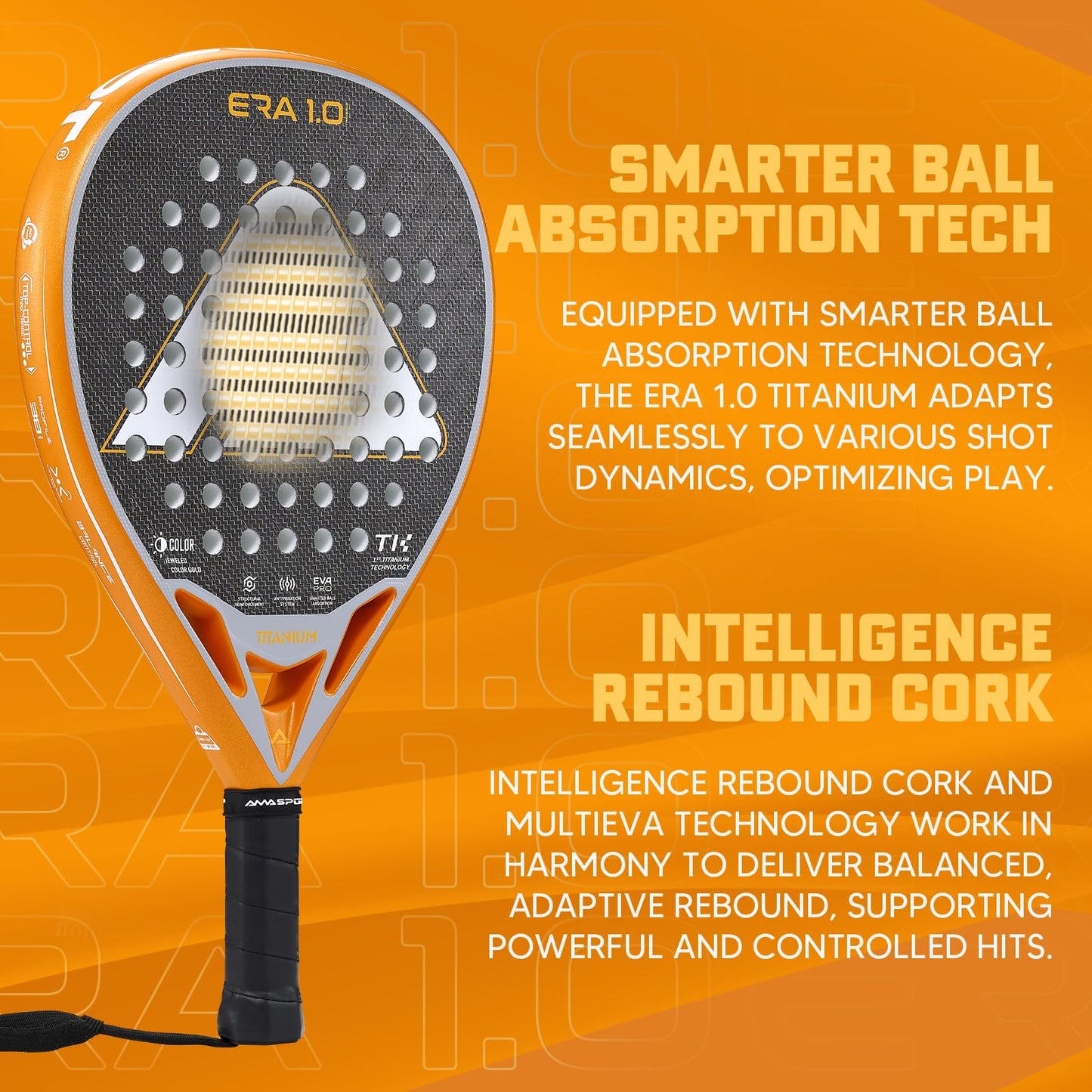 AMA SPORT ERA 1.0 Padel Racket Titanium Carbon Fiber Surface with EVA Flex Foam Core Paddle Racket Lightweight Power & Precision Control Padel Racquet for Intermediate and Advanced Players (Gold)