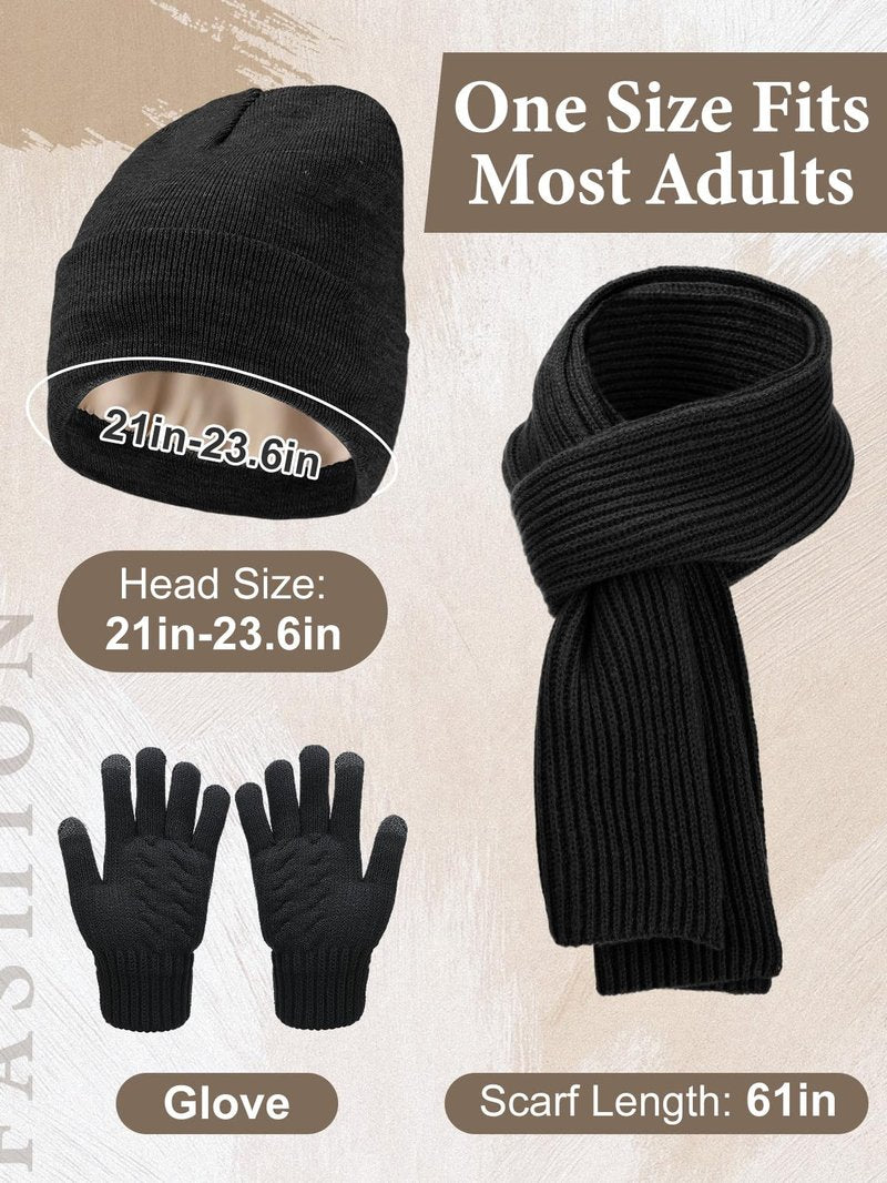 Satin Lined Beanie Scarf and Gloves Set for Women - Hair Protection, Winter Accessories Gifts for Wife Her, Black