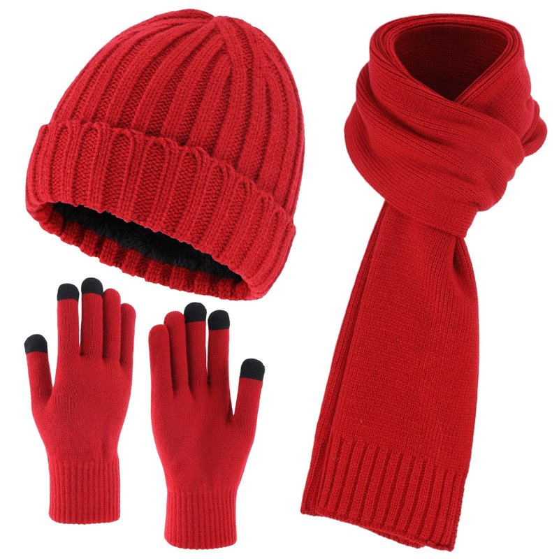 Connectyle 3 PCS Fleece Lined Cold Weather Set, Warm Winter Beanie Hat, Long Scarf and Touchscreen Gloves for Men & Women (Dark Red)