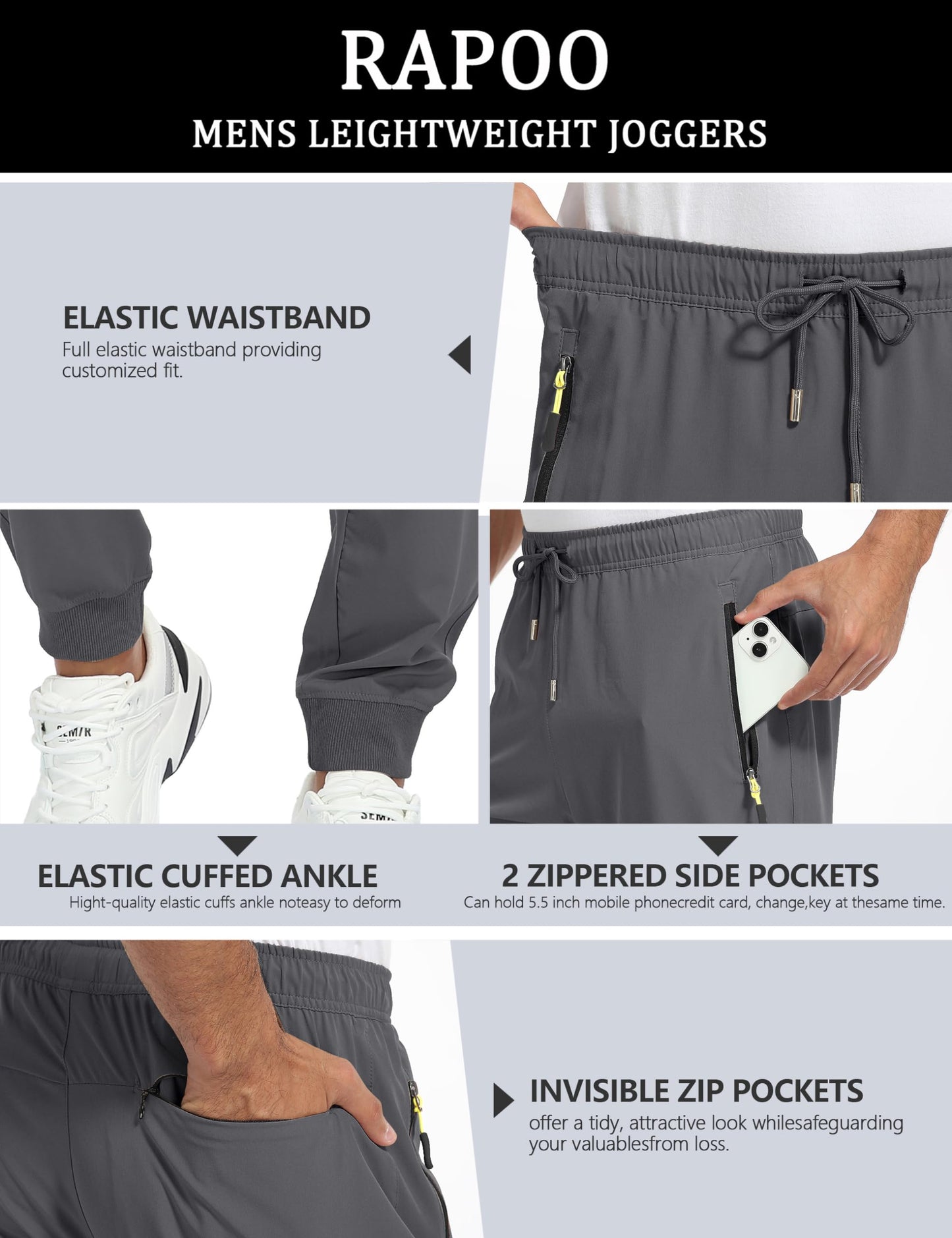 Rapoo Mens Jogger Pants Sweatpants Athletic Workout Drawstring Elastic Waist Comfortable Summer Lightweight Quick Dry Polyester Pants for Men Jogging with Pockets Navy XL/28