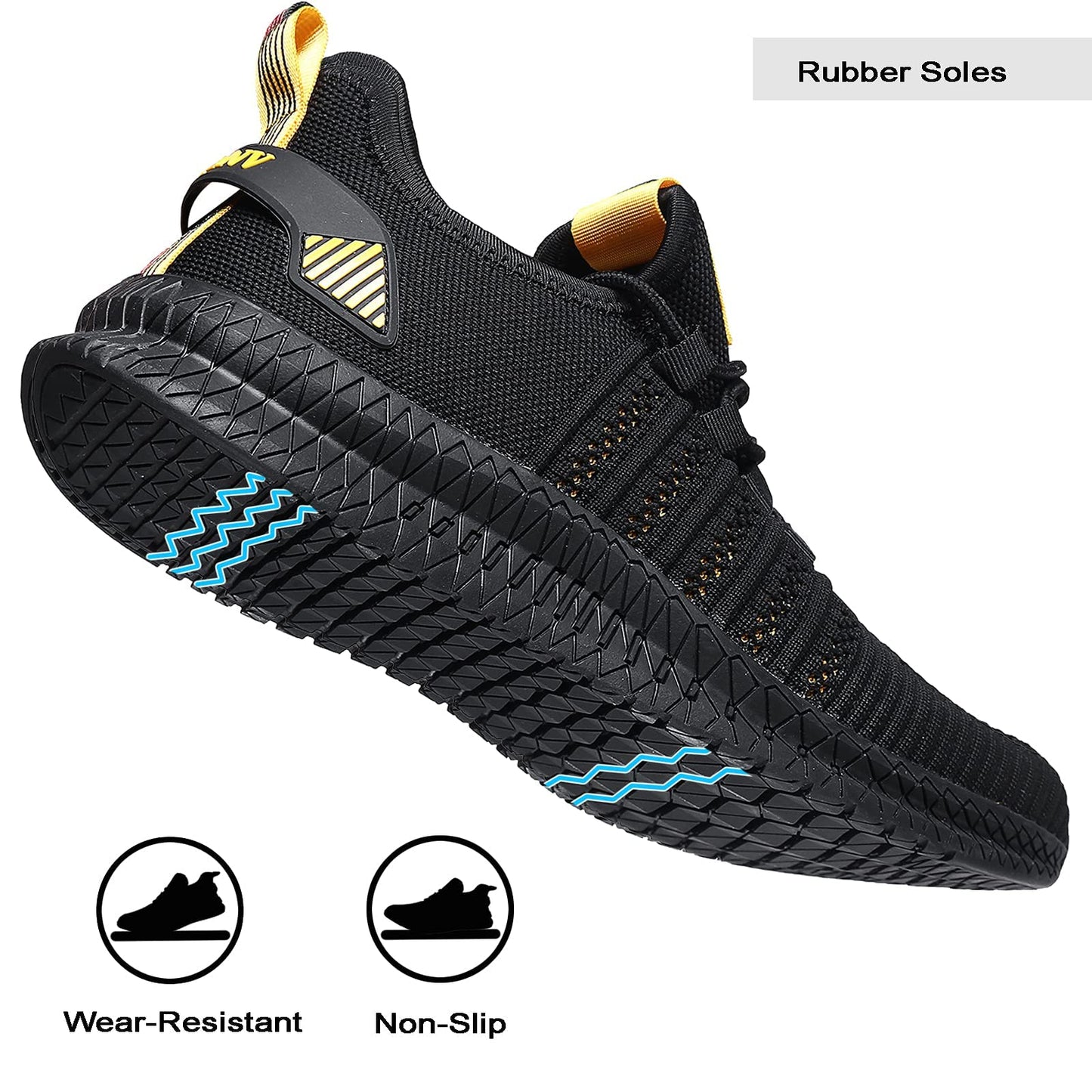 VNANV Mens Slip On Walking Shoes Lightweight Breathable Non Slip Running Comfortable Gym Tennis Athletic Fashion Sneakers Men (13,Black/Yellow)