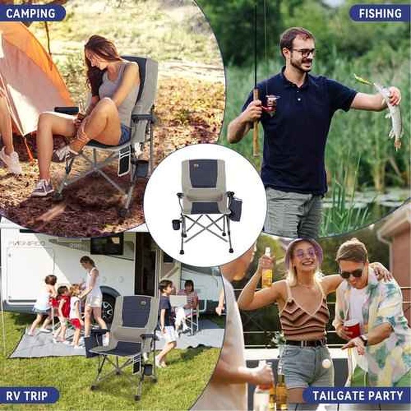 Ablazer Camping Chairs for Adults, Support 350 LBS Folding Chairs for Outside, Lawn Chairs Heavy Duty with Cooler Bag & Cup Holder (Blue & Grey)
