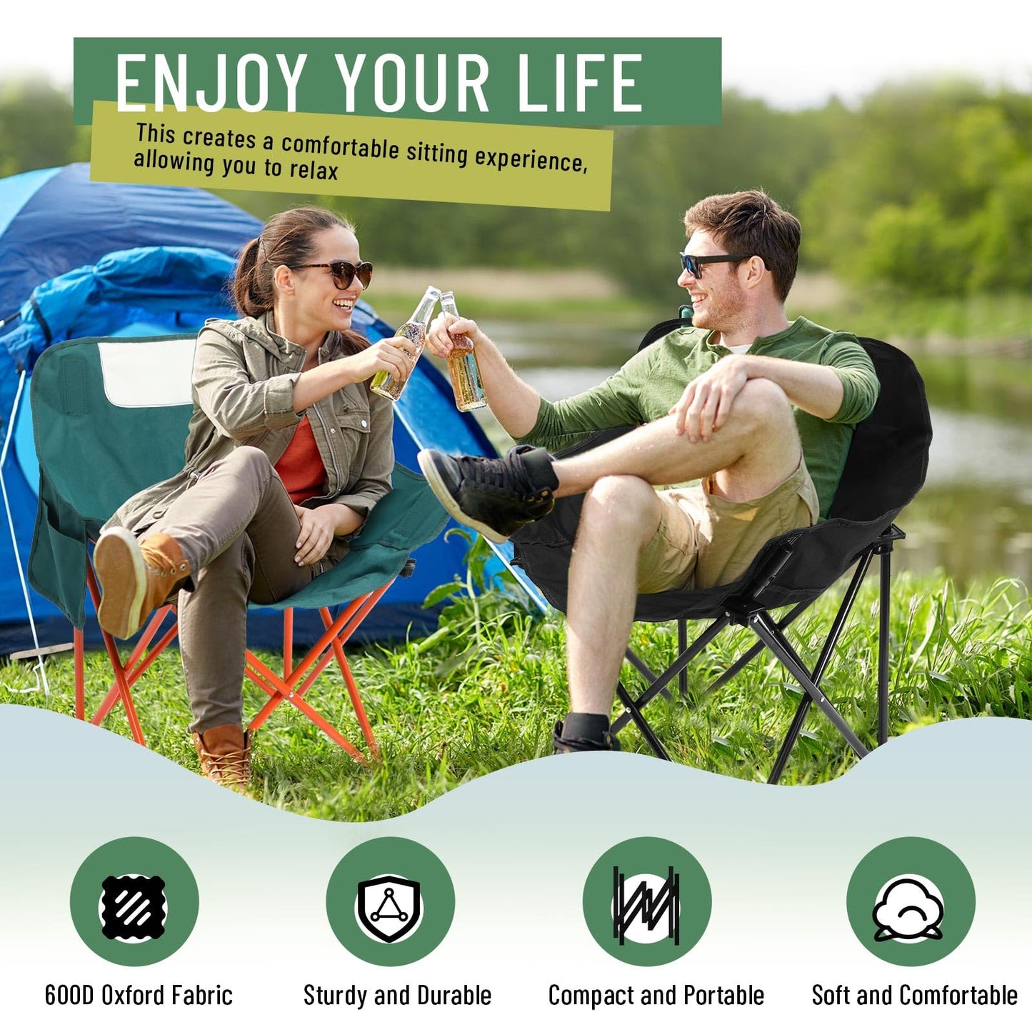 Seeloowy 2 Pack Compact Camping Chair Portable Folding Chairs for Outside with Carry Bag Lightweight Moon Chairs for Travel Picnic Hiking Beach Fishing, 600D Oxford, Supports 330lbs (Green, Black)