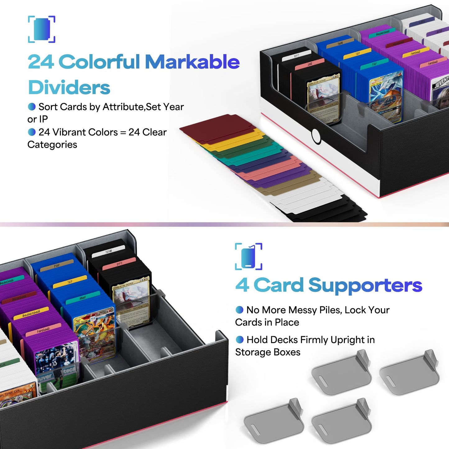 UAONO Trading Card Storage Box, Holds 2400 Sleeved Cards with 24 Dividers & 4 Stoppers, Magnetic Closure PU Leather Card Case for MTG, PTCG, YGO, Sports Cards (Red&White)