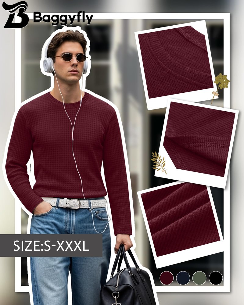 Baggyfly 4 Pack Men's Waffle Long Sleeve Shirts Crew Neck T-Shirts Casual Thermal Tops Lightweight Undershirts(Black, Army Green, Navy Blue, Wine Red,X-Large)