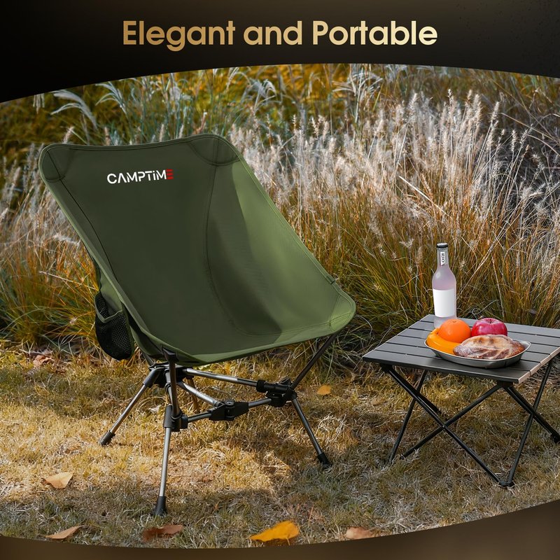 Camptime Portable Camping Chair, Lightweight Compact Backpacking Chair with Side Pocket, Wide Seat Folding Chair for Camping, Hiking, Beach - Supports 330Lbs, Black