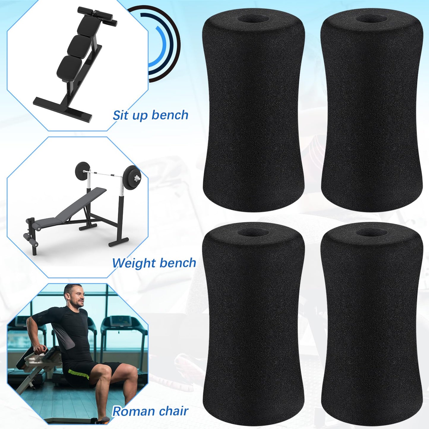 Deekin 4 Pcs Foam Foot Pads Rollers Soft Buffer Tube Cover Black Machine Tube Leg Gym Replacement Parts for Home Exercise Equipment Leg Extension Weight Bench Inversion Table, 5.1" x 2.75" x 0.87"