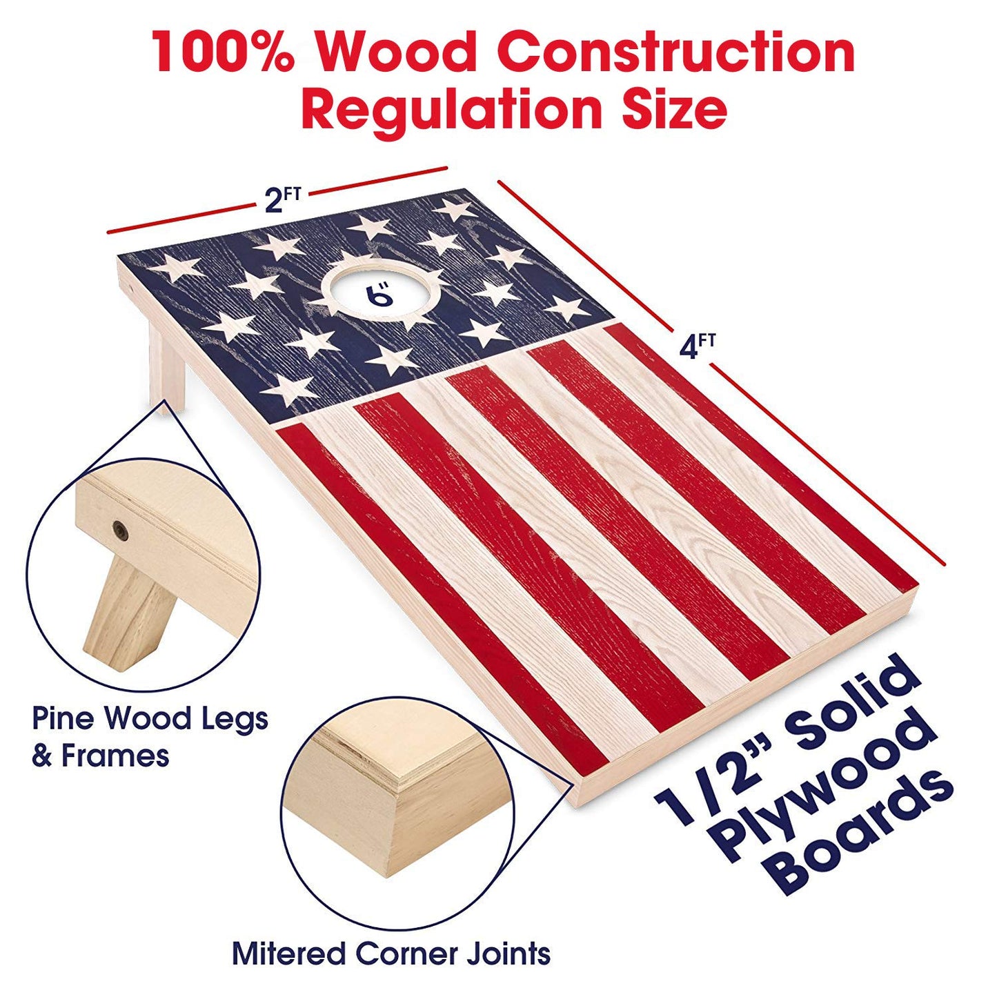 GoSports Flag Series Wood Cornhole Sets – Choose American Flag or State Flags – Includes Two Regulation Size 4 ft x 2 ft Boards, 8 Bean Bags, Carrying Case and Rules