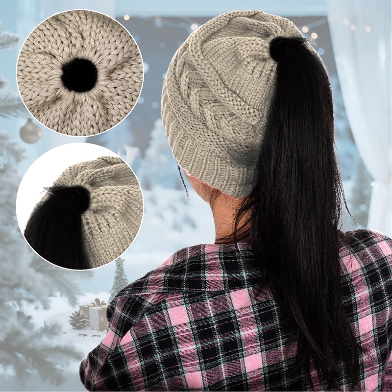 Yookat 2 Pack Ponytail Beanie Hat for Women High Bun Hats Skull Cap for Winter Black and Beige
