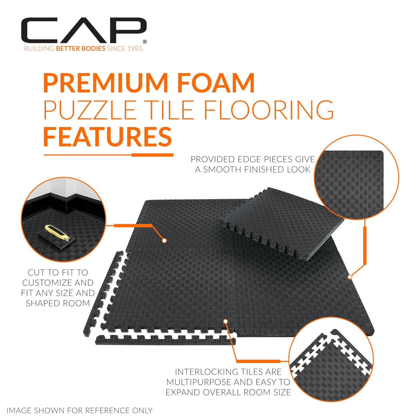 CAP Barbell 1/2-Inch Interlocking EVA Foam Exercise Puzzle Mat Home Gym Flooring - 3 Pack | 24" x 24" x 1/2" | Tatami Pattern - Black