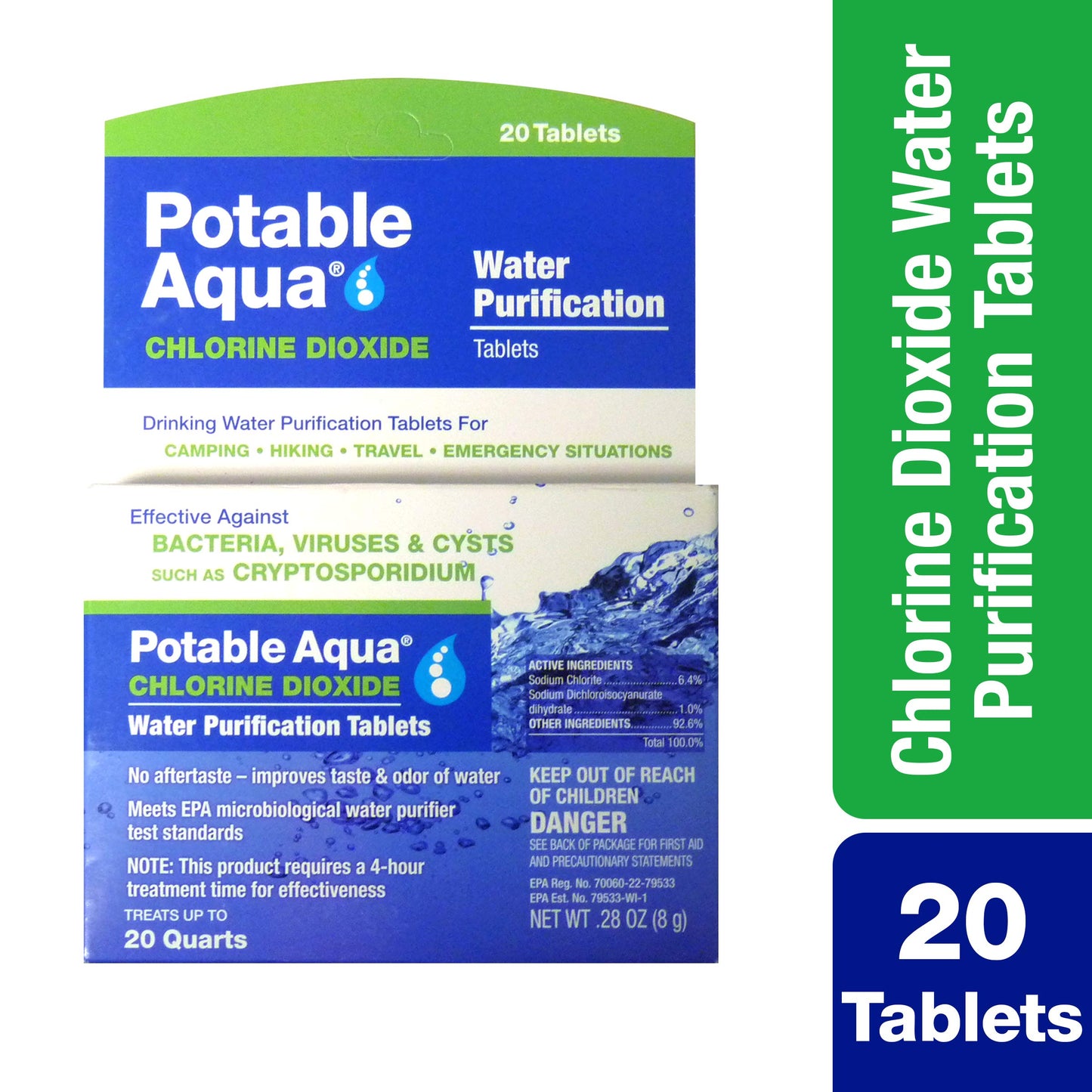 Potable Aqua Chlorine Dioxide Water Purification Tablets - 20 Count