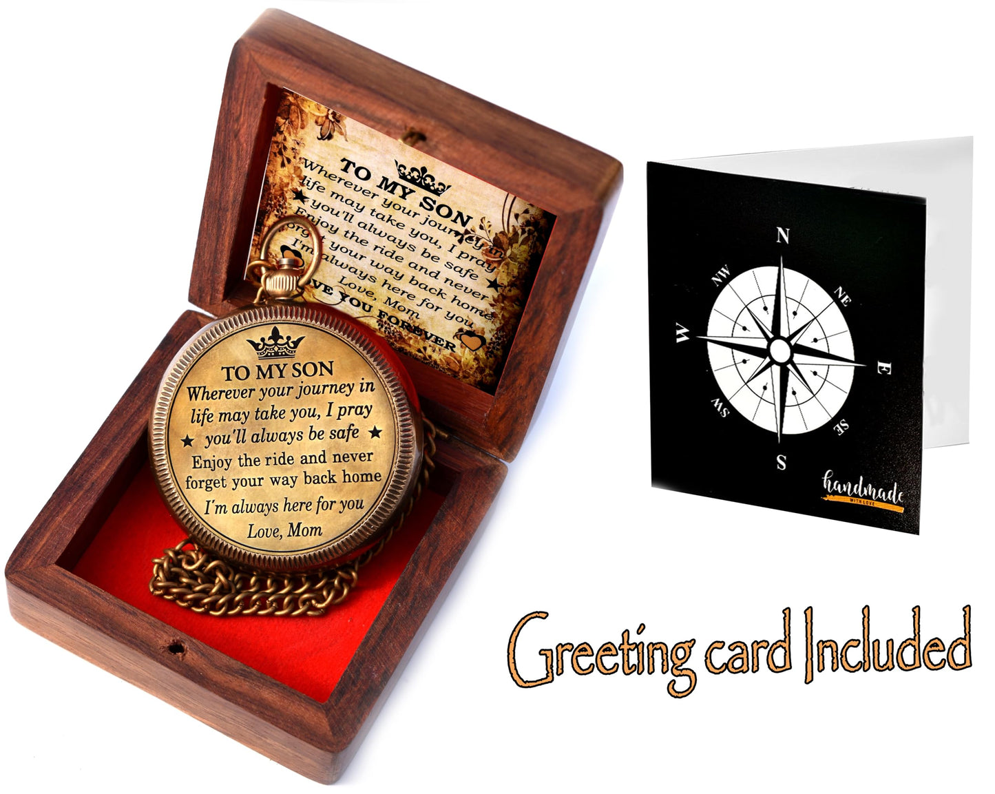 to My Son Compass with Wooden Box-Mom to Son Compass–Mother to Son Gifts-Graduation Day Gifts for Son-Hiking Backpacking Compass-Birthday Confirmation Students Baptism Communion Compass for Women Men