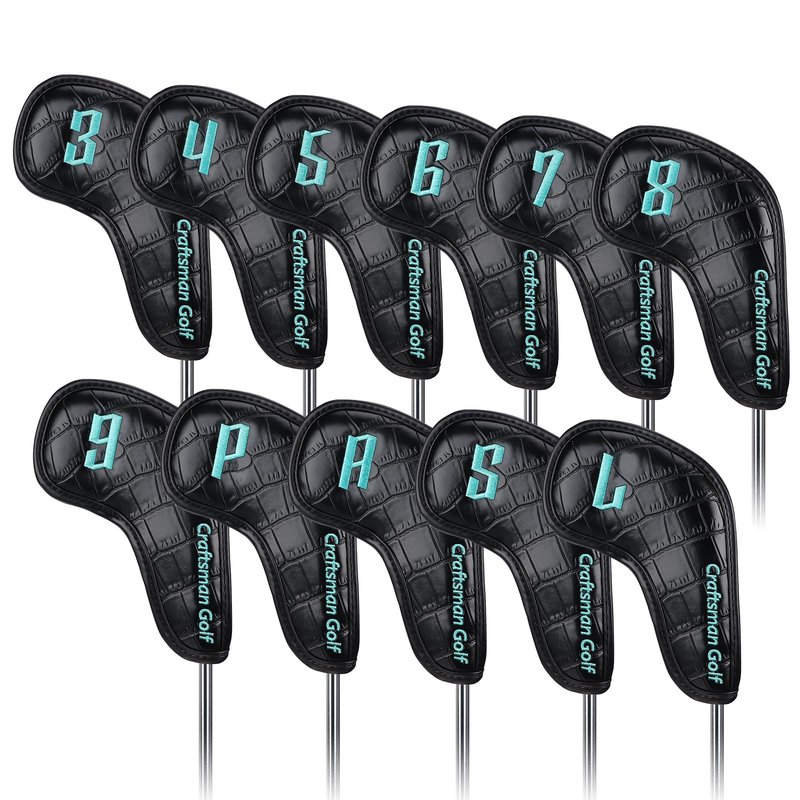 Craftsman Golf Crocodile Pattern Black 11pcs/Set Iron Headcover Set w/Large No. Magic Tape Closure (Black)