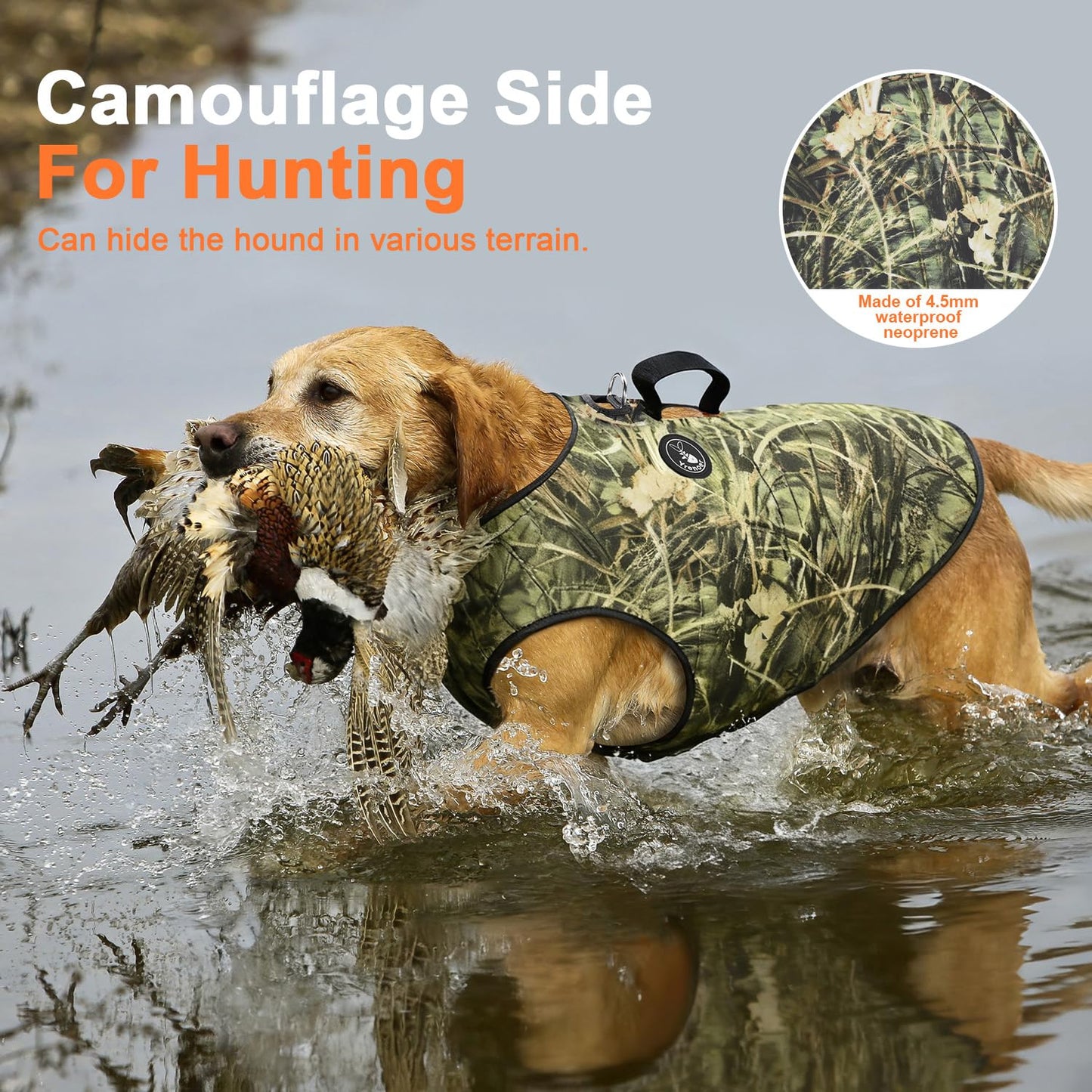 yrenoer Dog Hunting Vest - Reversible Reflective Tactical Style(Camo/Orange), 4.5mm Neoprene Waterproof, Lightweight Reflective Gear for Small/Medium/Large Breeds (M)