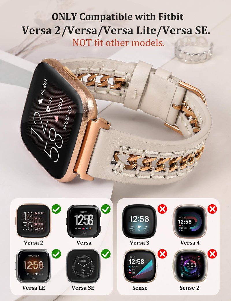 Minyee Leather Band Compatible with Fitbit Versa 2/Fitbit Versa/Versa Lite Bands Women, Dressy Premium Leather Designer Strap with Stainless Steel Metal Chain for Versa 2 Watch, Starlight/Rose Gold