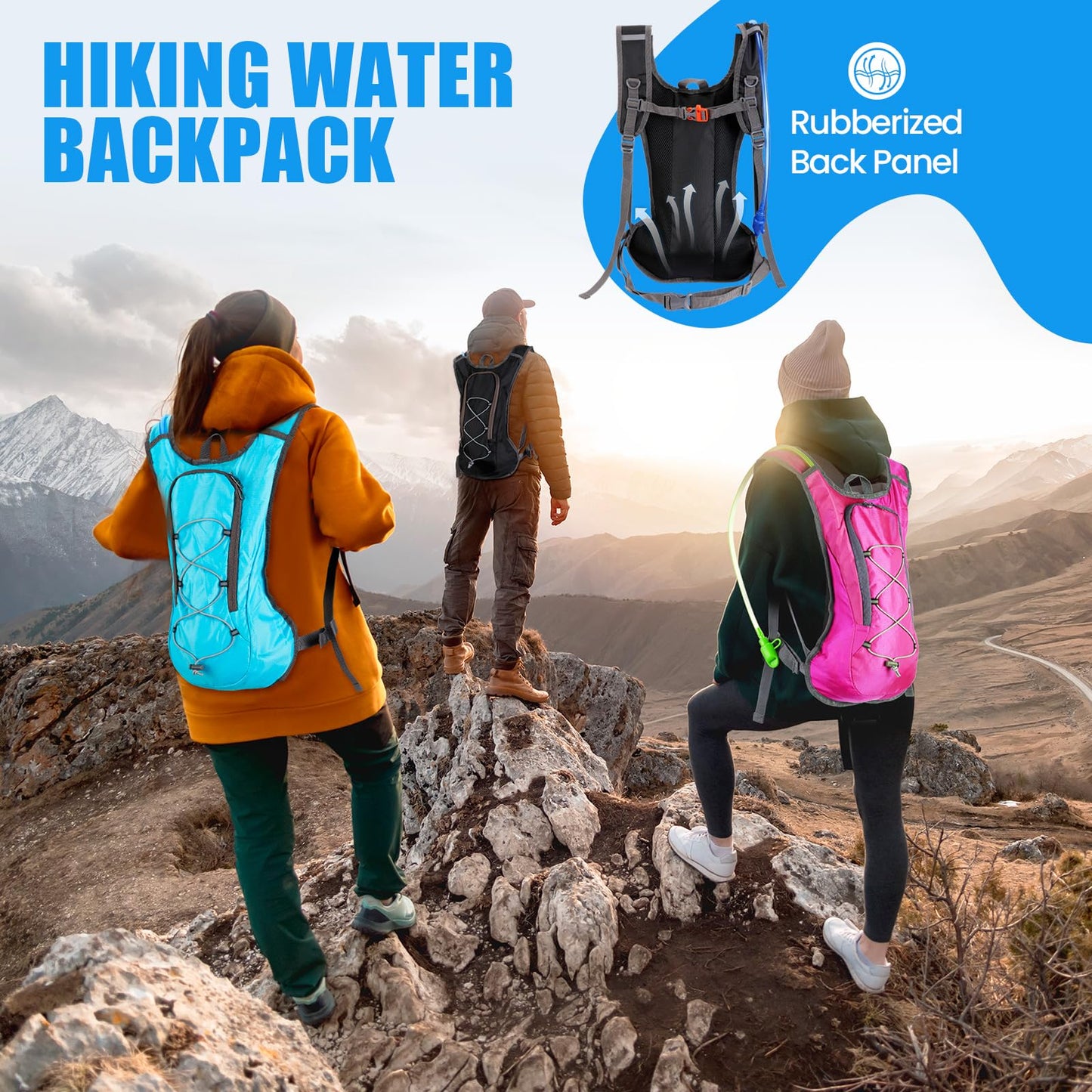 Cunno 3 Pcs Hydration Backpack with 3 Pcs 2L Water Bladder Water Backpack Hydration Pack Hydration Bladder for Camping Hiking Cycling Running Climbing Biking (Black, Blue, Pink)