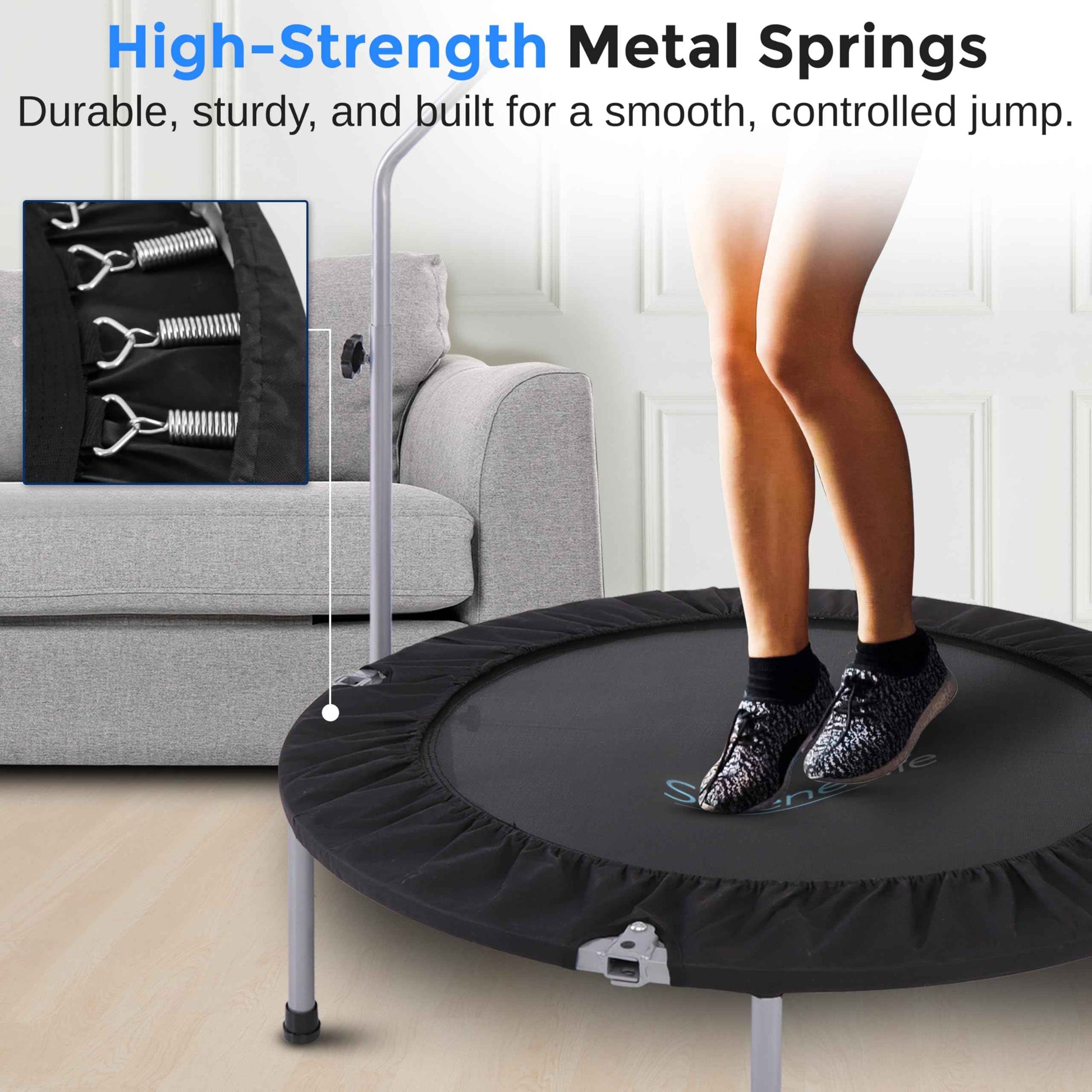 SereneLife 40" Foldable Mini Trampoline - Compact Fitness Trampoline for Kids Adults, Exercise Rebounder with Adjustable Foam Handle, Indoor/Garden Workout Equipment, Max Load 220 lbs, Black
